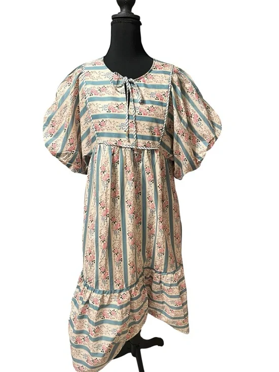 Entro Cottage Core Midi Dress with Light Blue and Pink Floral Stripes Size M NWT - Picture 2 of 6